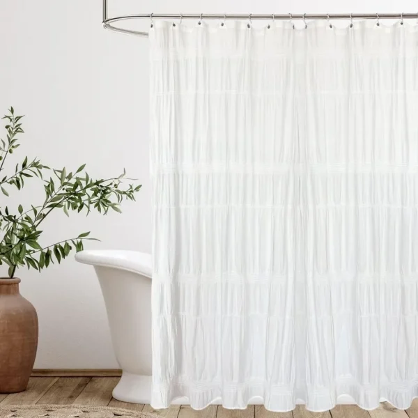 White Farmhouse/Rustic Striped Cotton Blend Fabric Shower Curtain - Heavy Weighted