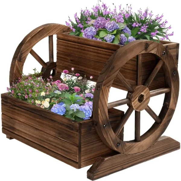 Wooden Wagon Planter Box, Garden Planter with Wheels