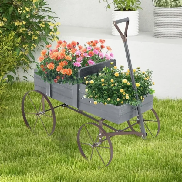 Small Wagon with Metal Wheels, Wood Raised Beds