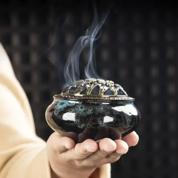 Incense Burner with Lid, Hollow Top Censer Holder, Heat Resistance Incense Tower, Ice Crack Pattern
