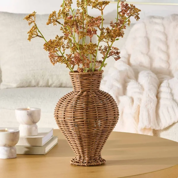 Woven Faux Rattan Indoor Vase, 10", Brown