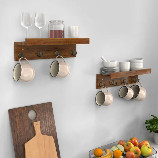 2PCS Rustic Wood Cup Holder Shelf with 4 Hooks