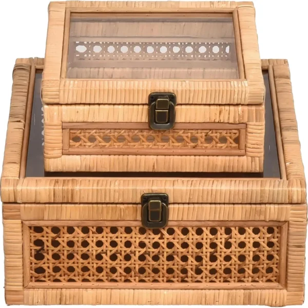 Rattan and Cane Square Stacking Boxes with Glass Top Lid - Set of 2
