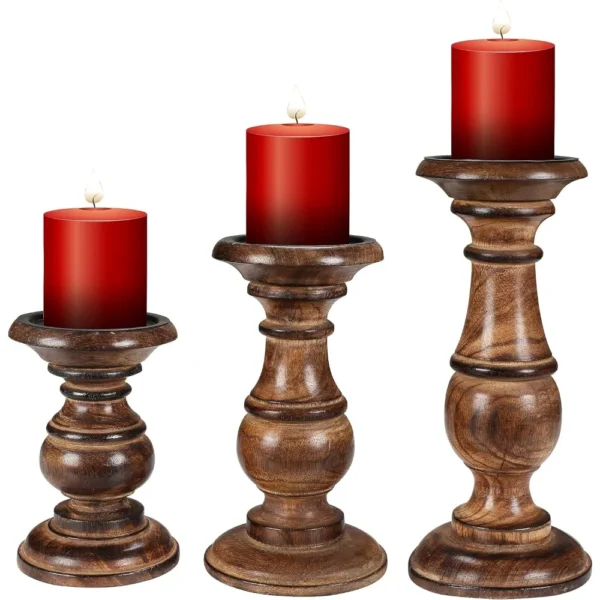Rustic Candle Holder Set of 3 – 10", 8", 6" – Burnt Finish Wooden Pillar