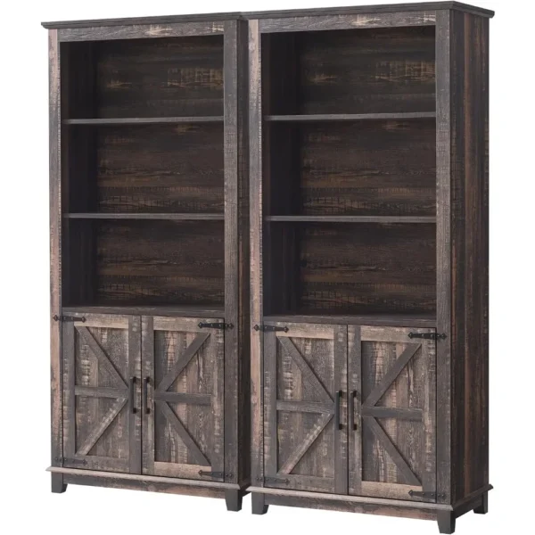 Farmhouse Bookcase with Doors, 5 Shelf Bookshelf with Adjustable Shelves