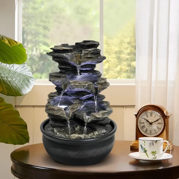 15.7” High Rock Falls Tabletop Water Fountain with LED Lights - Indoor 5-Tier Cascading Fountain