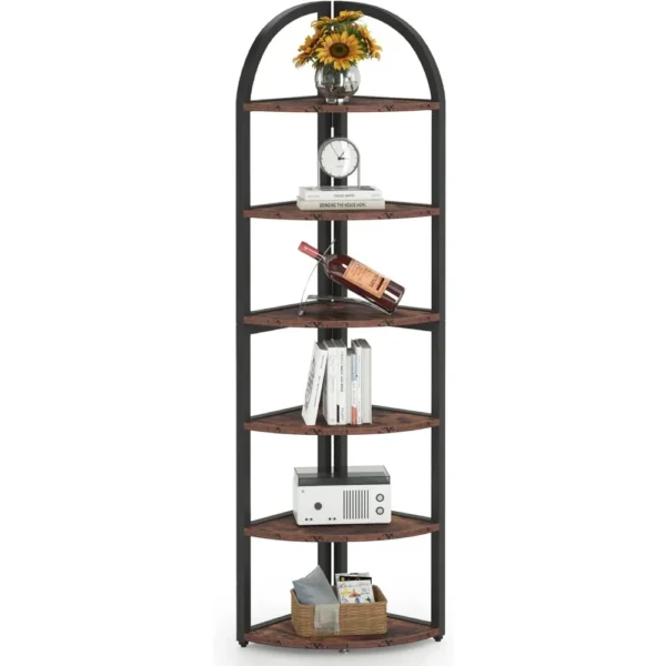 6-Tier Freestanding Corner Bookshelf with Adjustable Feet, Rustic Brown