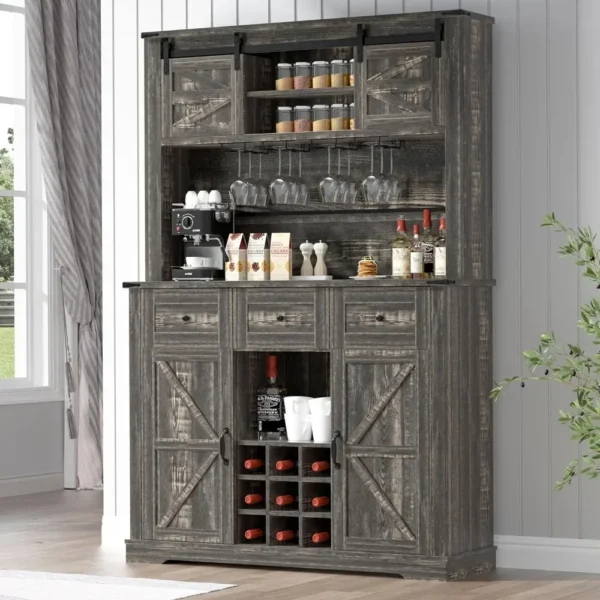 Farmhouse Coffee Bar, Wine Cabinet, Buffet Sideboard Cupboard with Adjustable Shelves,72" Kitchen Hutch with Storage