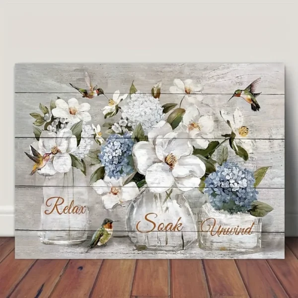 1.5-inch-thick pine frame canvas rustic farmhouse, white floral and hummingbird